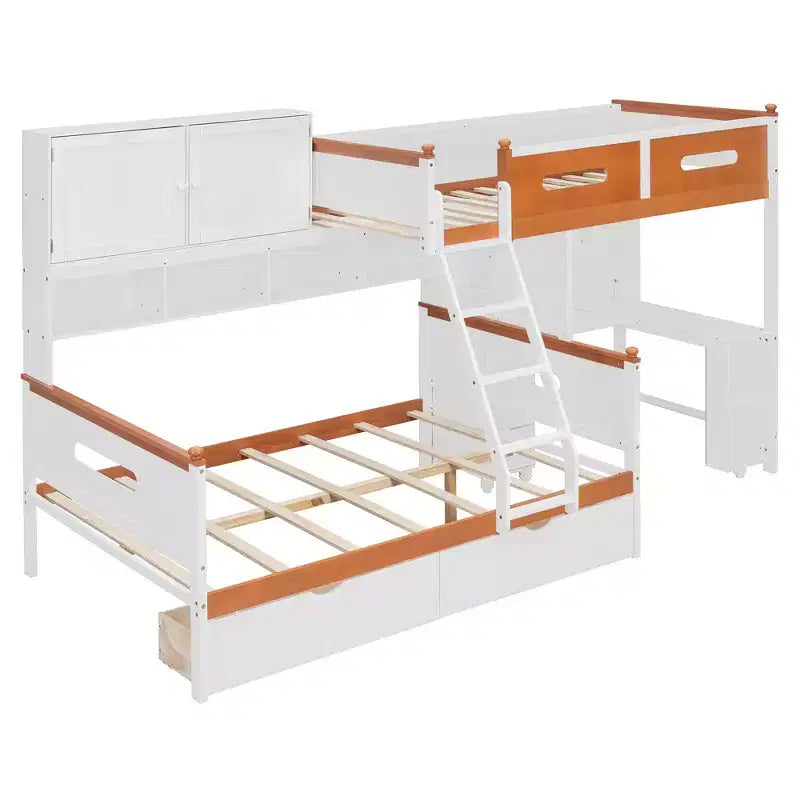 Letto a castello bianco e arancione con scrivania/armadio, LED e contenitore, età 6+