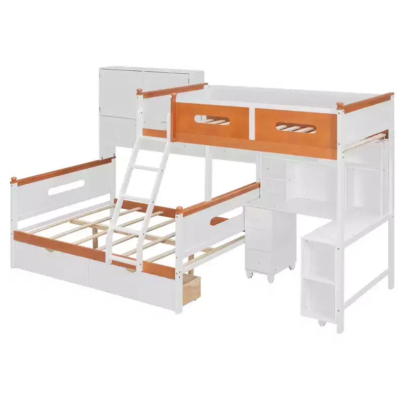 Letto a castello bianco e arancione con scrivania/armadio, LED e contenitore, età 6+