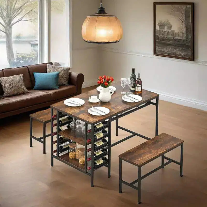 Set tavolo da pranzo 47" nero/marrone/grigio con 2 panche, portabottiglie e ripiani, 4 posti