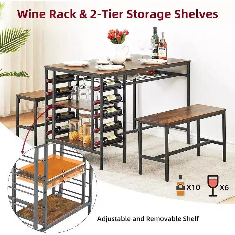Set tavolo da pranzo 47" nero/marrone/grigio con 2 panche, portabottiglie e ripiani, 4 posti