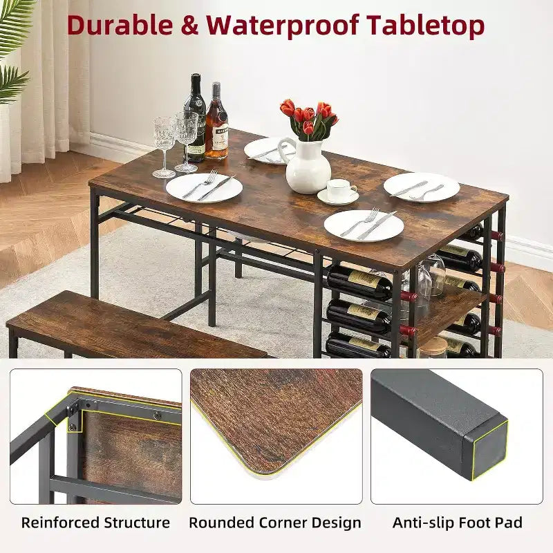 Set tavolo da pranzo 47" nero/marrone/grigio con 2 panche, portabottiglie e ripiani, 4 posti