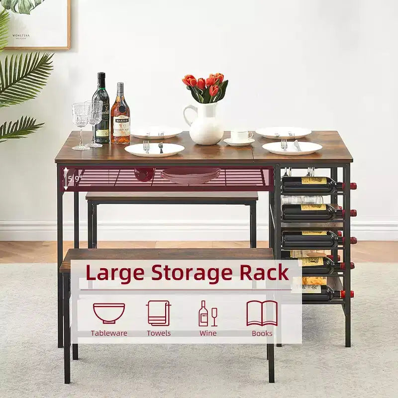 Set tavolo da pranzo 47" nero/marrone/grigio con 2 panche, portabottiglie e ripiani, 4 posti