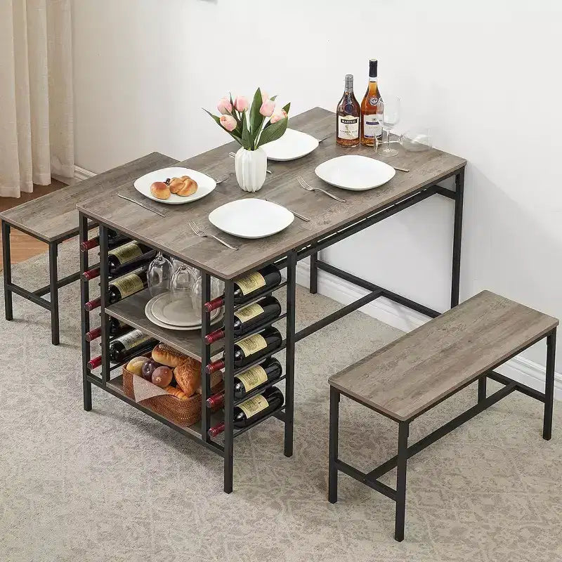 Set tavolo da pranzo 47" nero/marrone/grigio con 2 panche, portabottiglie e ripiani, 4 posti