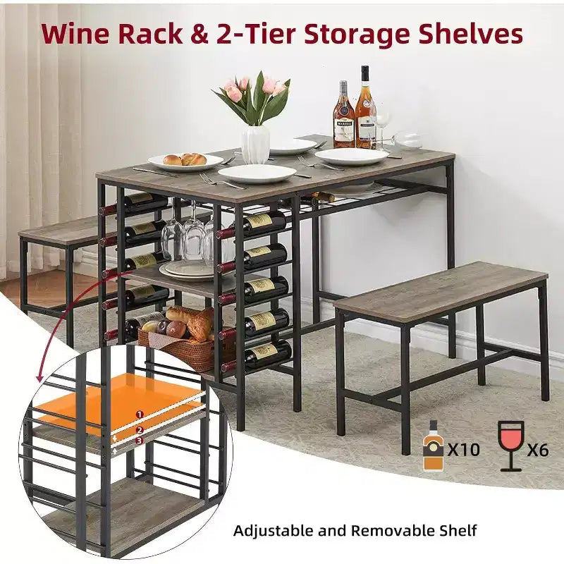 Set tavolo da pranzo 47" nero/marrone/grigio con 2 panche, portabottiglie e ripiani, 4 posti