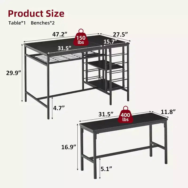 Set tavolo da pranzo 47" nero/marrone/grigio con 2 panche, portabottiglie e ripiani, 4 posti