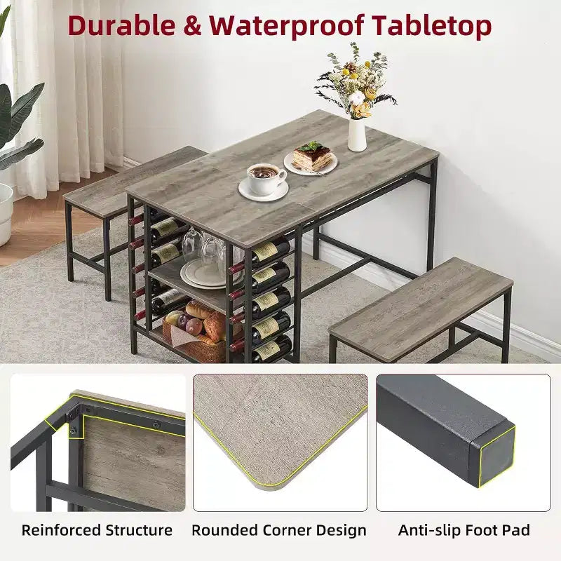 Set tavolo da pranzo 47" nero/marrone/grigio con 2 panche, portabottiglie e ripiani, 4 posti