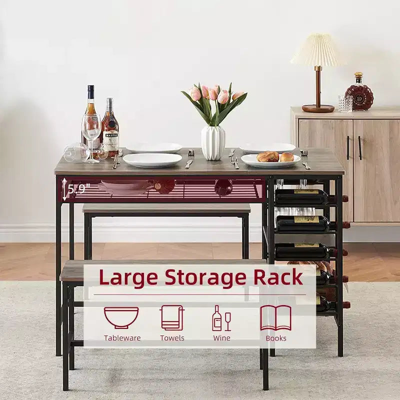 Set tavolo da pranzo 47" nero/marrone/grigio con 2 panche, portabottiglie e ripiani, 4 posti
