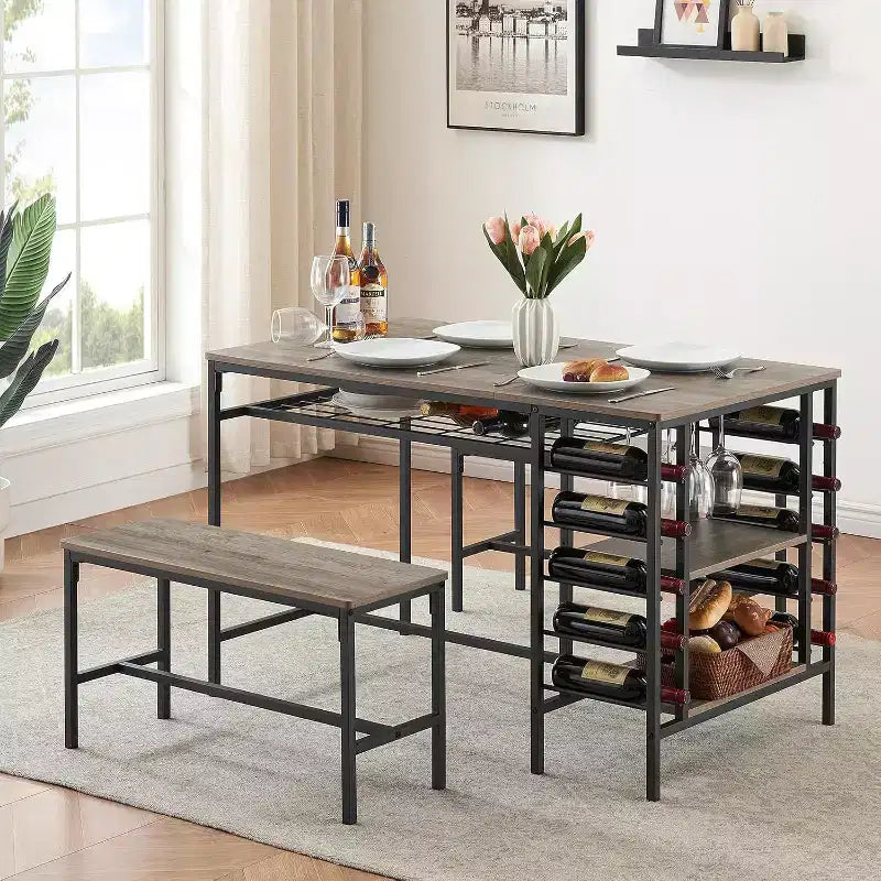 Set tavolo da pranzo 47" nero/marrone/grigio con 2 panche, portabottiglie e ripiani, 4 posti