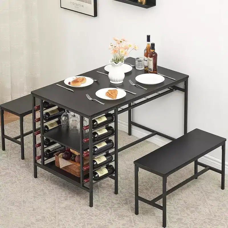 Set tavolo da pranzo 47" nero/marrone/grigio con 2 panche, portabottiglie e ripiani, 4 posti