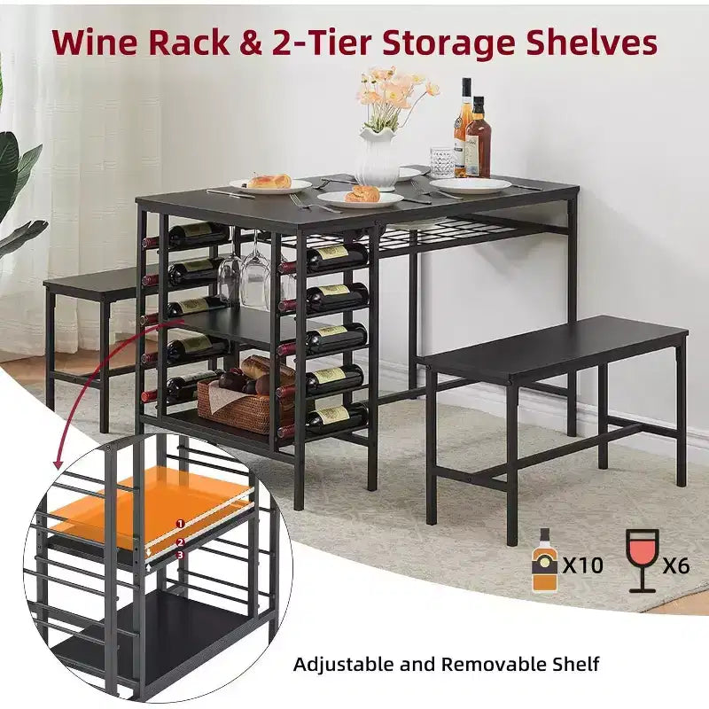 Set tavolo da pranzo 47" nero/marrone/grigio con 2 panche, portabottiglie e ripiani, 4 posti