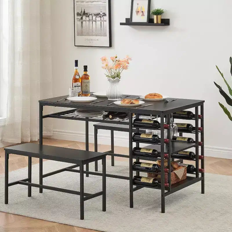 Set tavolo da pranzo 47" nero/marrone/grigio con 2 panche, portabottiglie e ripiani, 4 posti