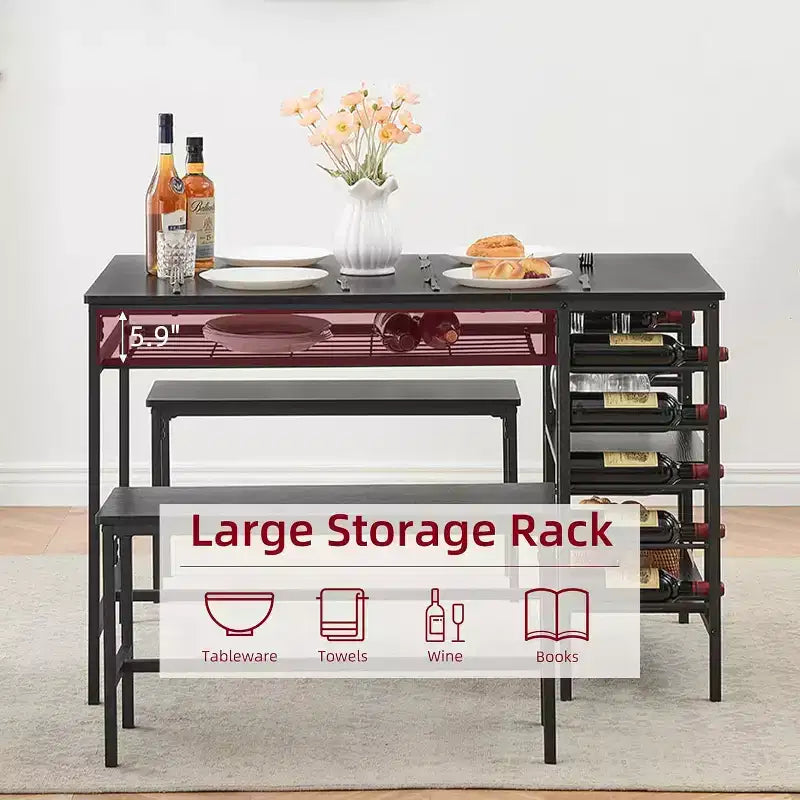 Set tavolo da pranzo 47" nero/marrone/grigio con 2 panche, portabottiglie e ripiani, 4 posti