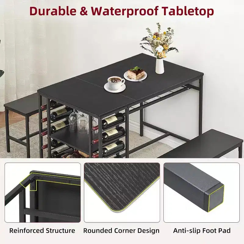 Set tavolo da pranzo 47" nero/marrone/grigio con 2 panche, portabottiglie e ripiani, 4 posti