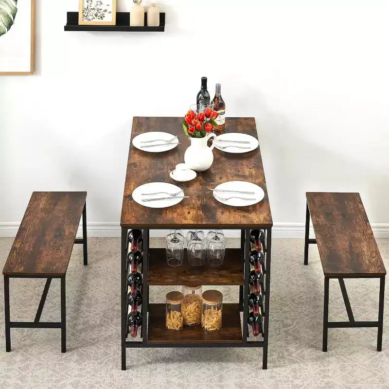 Set tavolo da pranzo 47" nero/marrone/grigio con 2 panche, portabottiglie e ripiani, 4 posti