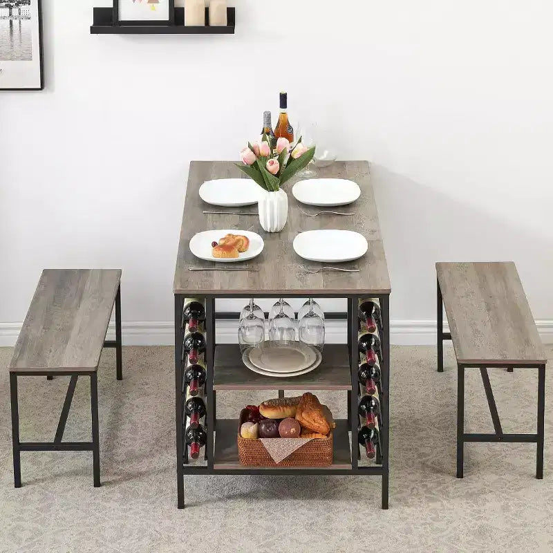 Set tavolo da pranzo 47" nero/marrone/grigio con 2 panche, portabottiglie e ripiani, 4 posti
