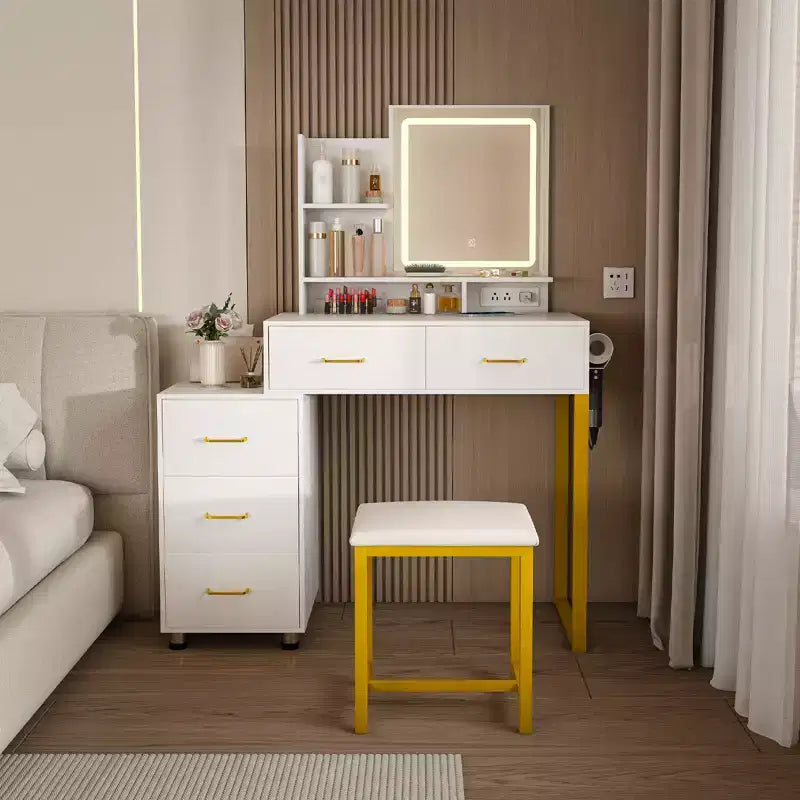 GDFStudio Rovan Modern Mirror Vanity Set with Adjustable LED, Power Outlet, Drawers and Open Shelves