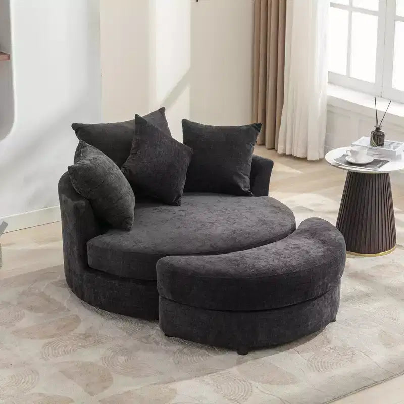 Poltrona a botte girevole a 360° in ciniglia con pouf contenitore e 4 cuscini, 1 posto