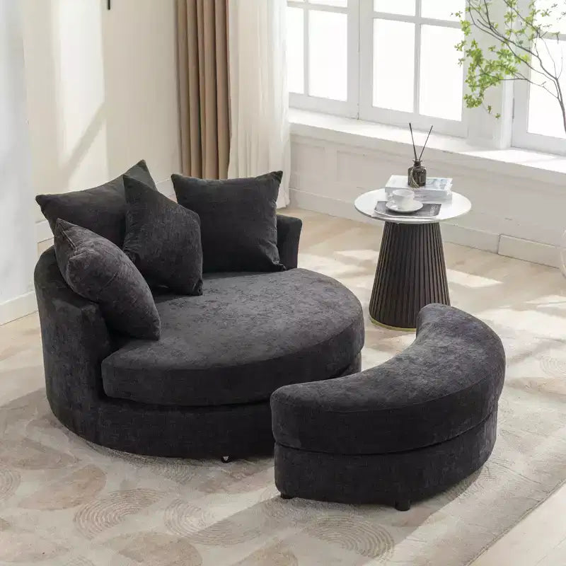 Poltrona a botte girevole a 360° in ciniglia con pouf contenitore e 4 cuscini, 1 posto