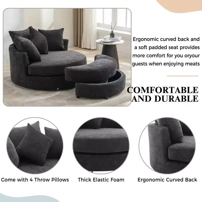 Poltrona a botte girevole a 360° in ciniglia con pouf contenitore e 4 cuscini, 1 posto