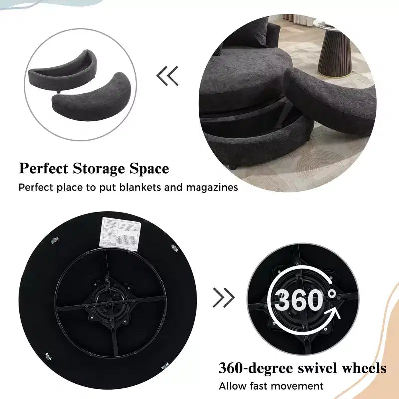 Poltrona a botte girevole a 360° in ciniglia con pouf contenitore e 4 cuscini, 1 posto