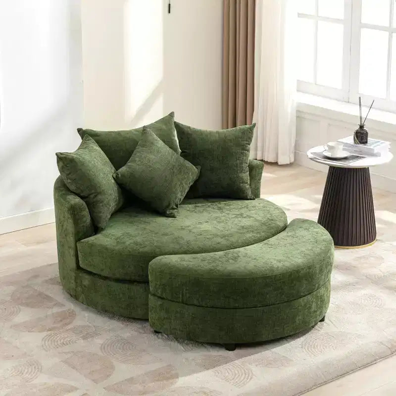 Poltrona a botte girevole a 360° in ciniglia con pouf contenitore e 4 cuscini, 1 posto