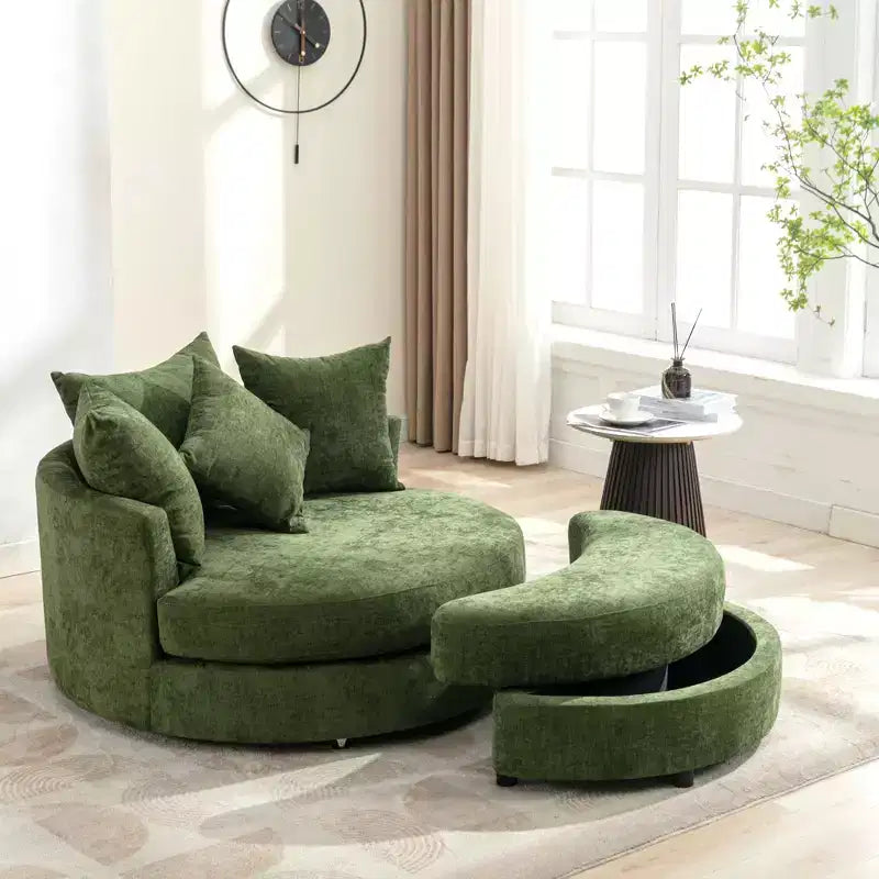 Poltrona a botte girevole a 360° in ciniglia con pouf contenitore e 4 cuscini, 1 posto