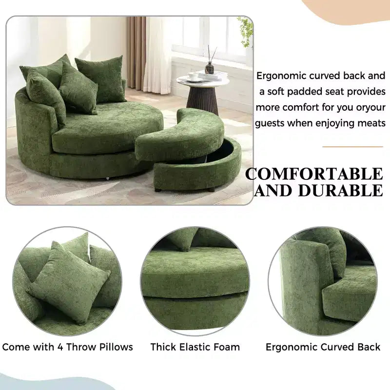 Poltrona a botte girevole a 360° in ciniglia con pouf contenitore e 4 cuscini, 1 posto