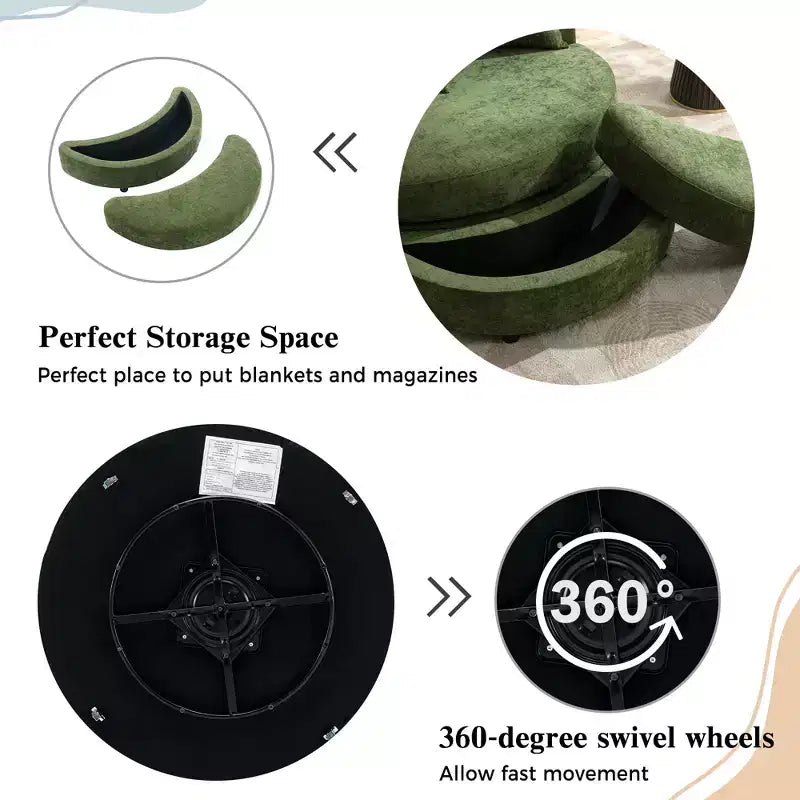 Poltrona a botte girevole a 360° in ciniglia con pouf contenitore e 4 cuscini, 1 posto