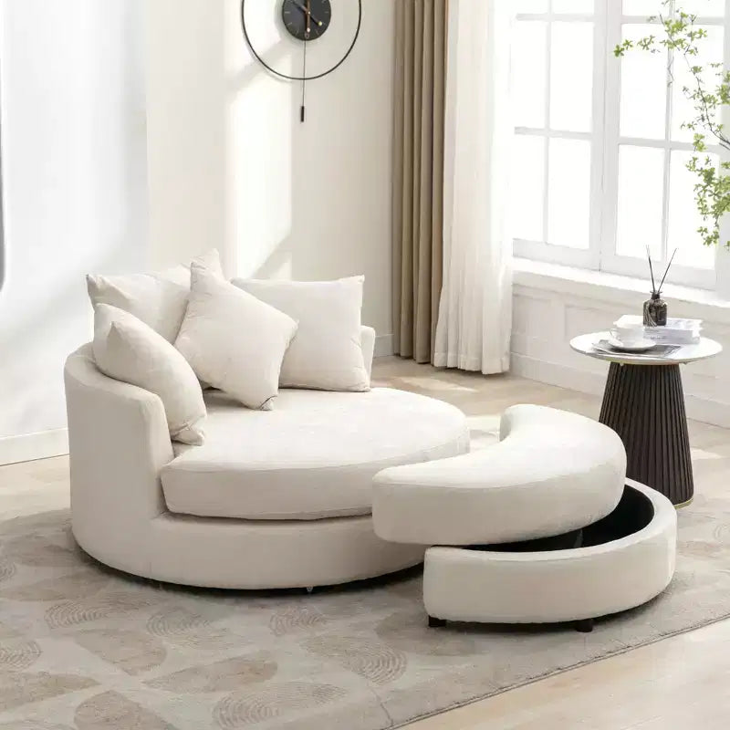 Poltrona a botte girevole a 360° in ciniglia con pouf contenitore e 4 cuscini, 1 posto