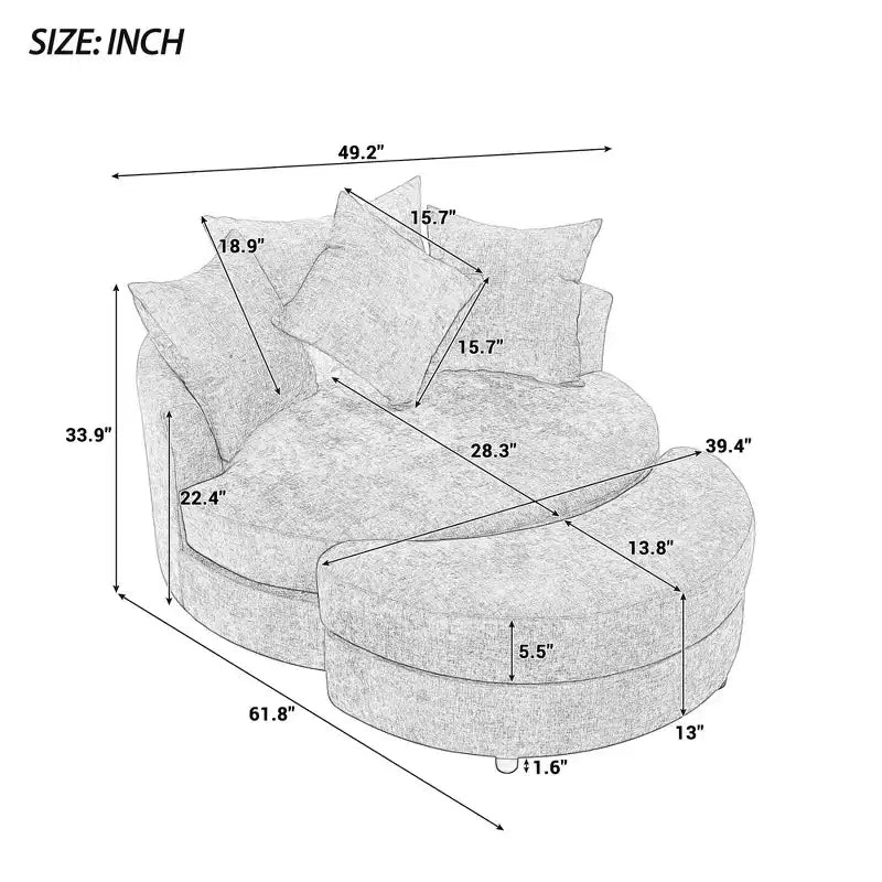 Poltrona a botte girevole a 360° in ciniglia con pouf contenitore e 4 cuscini, 1 posto