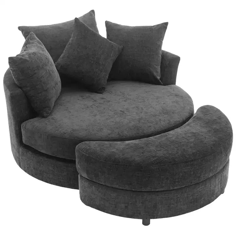 Poltrona a botte girevole a 360° in ciniglia con pouf contenitore e 4 cuscini, 1 posto