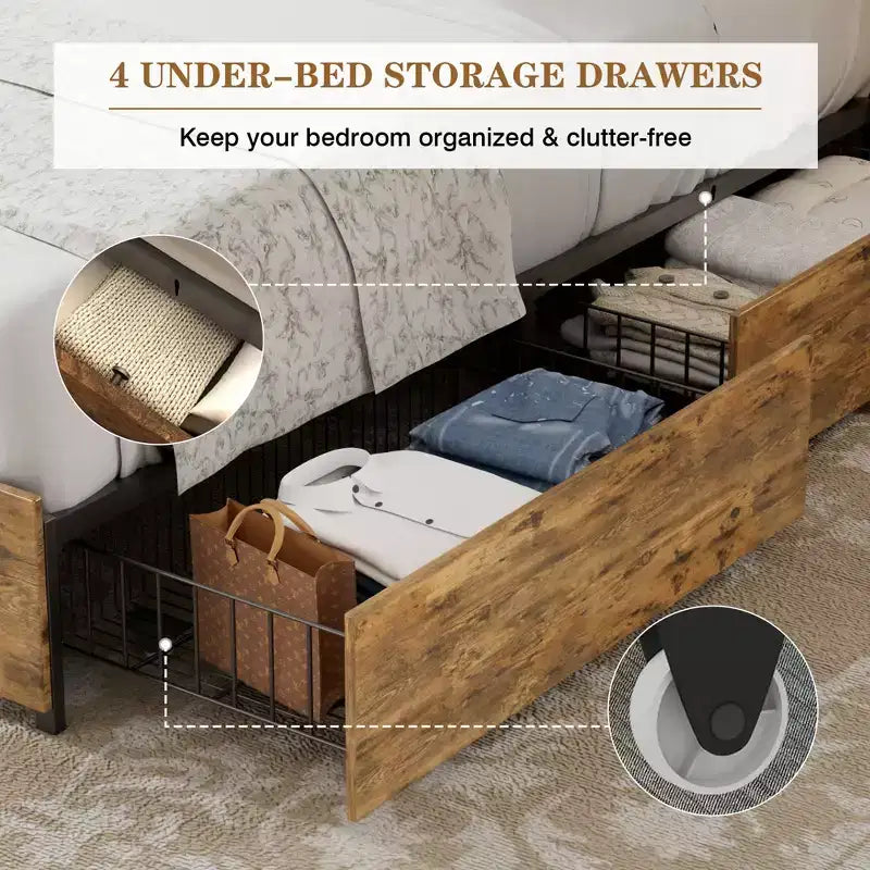 Struttura letto a piattaforma marrone rustico con testiera a libreria, 4 cassetti e ricarica USB, matrimoniale/queen/king
