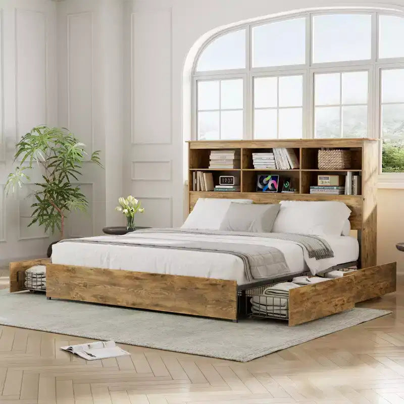 Struttura letto a piattaforma marrone rustico con testiera a libreria, 4 cassetti e ricarica USB, matrimoniale/queen/king