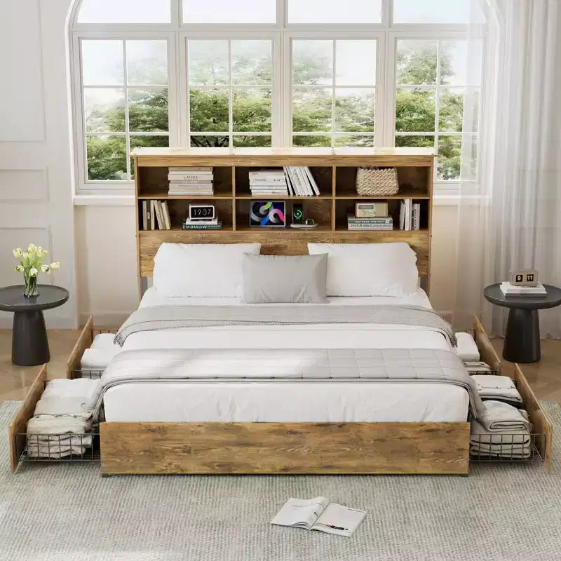 Struttura letto a piattaforma marrone rustico con testiera a libreria, 4 cassetti e ricarica USB, matrimoniale/queen/king