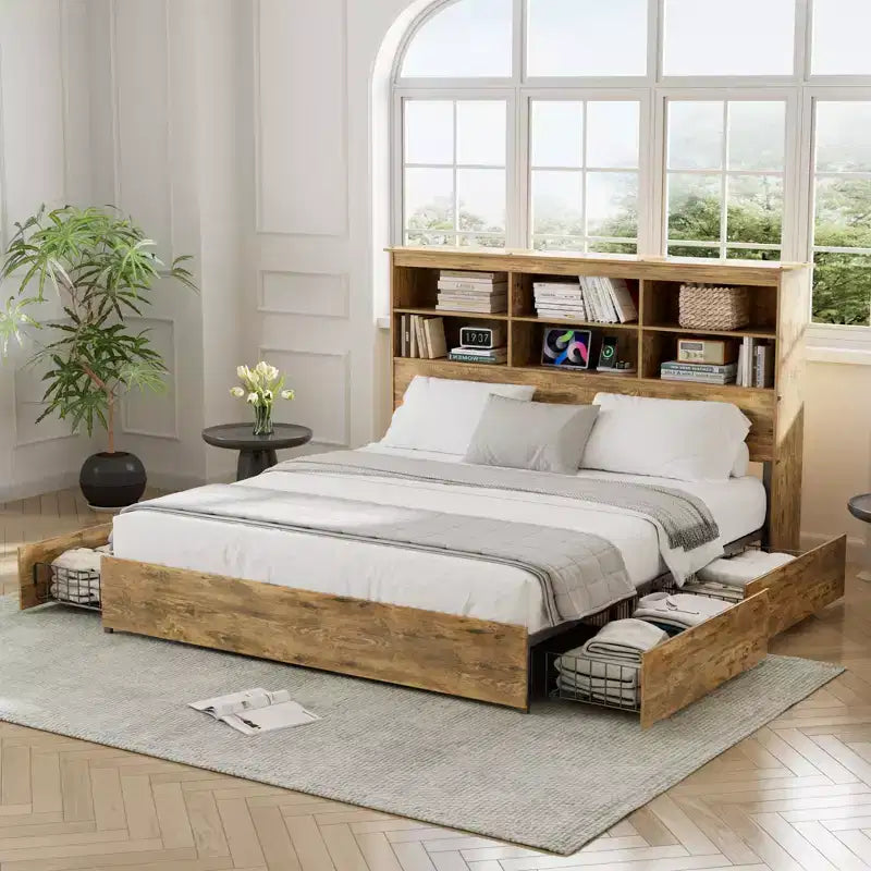 Struttura letto a piattaforma marrone rustico con testiera a libreria, 4 cassetti e ricarica USB, matrimoniale/queen/king