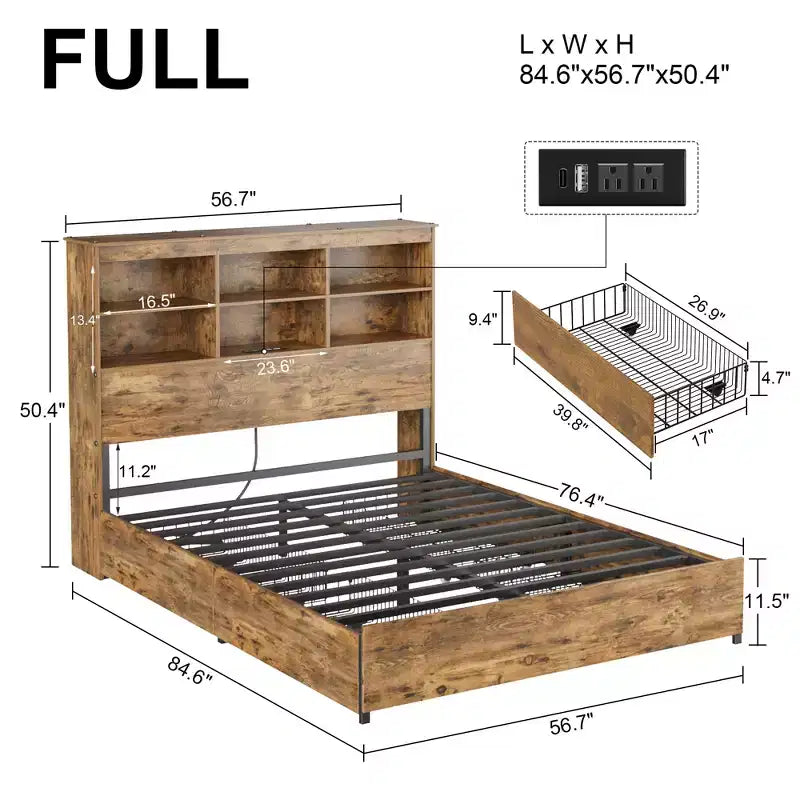 Struttura letto a piattaforma marrone rustico con testiera a libreria, 4 cassetti e ricarica USB, matrimoniale/queen/king