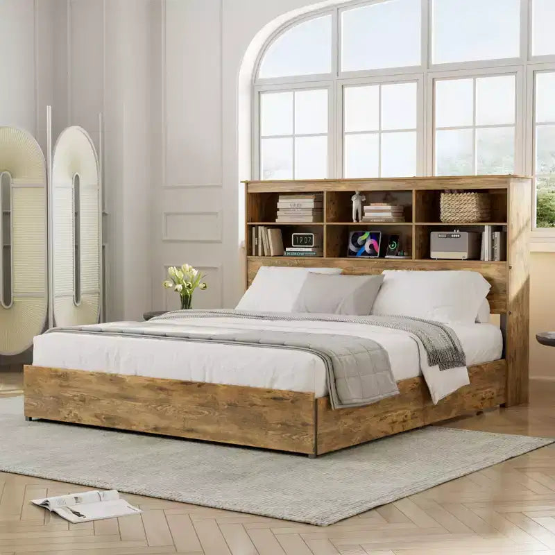 Struttura letto a piattaforma marrone rustico con testiera a libreria, 4 cassetti e ricarica USB, matrimoniale/queen/king