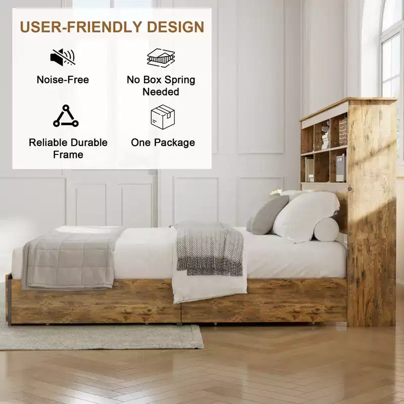 Struttura letto a piattaforma marrone rustico con testiera a libreria, 4 cassetti e ricarica USB, matrimoniale/queen/king