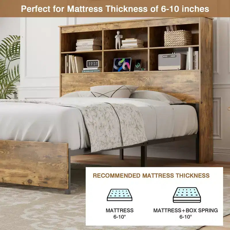 Struttura letto a piattaforma marrone rustico con testiera a libreria, 4 cassetti e ricarica USB, matrimoniale/queen/king