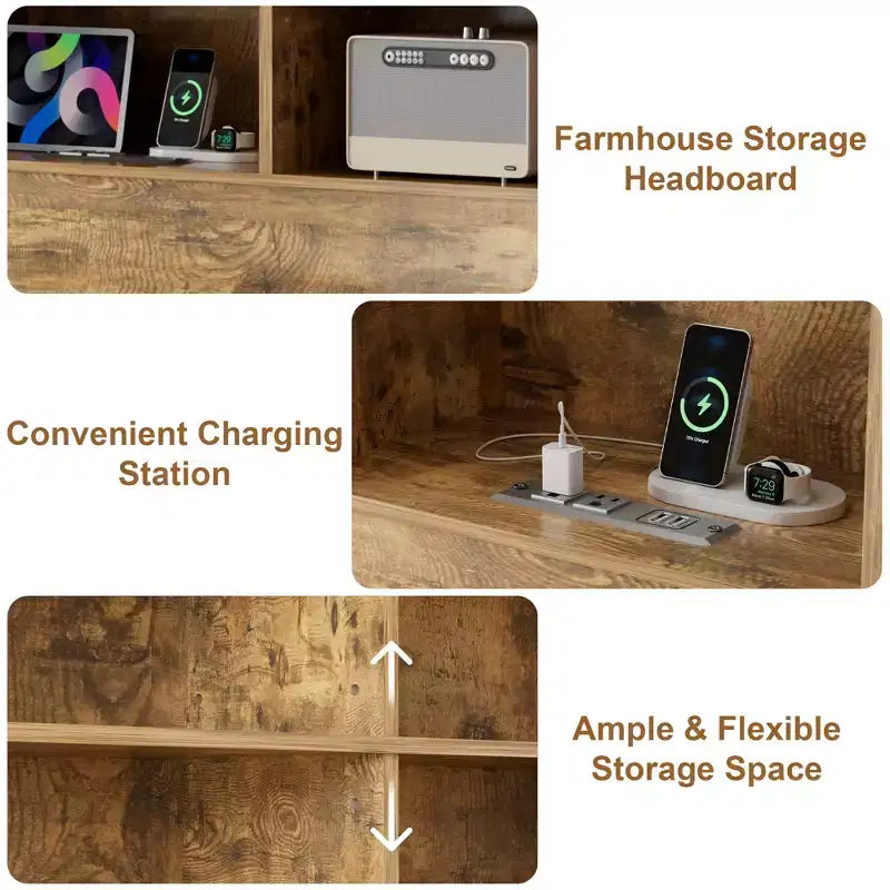 Struttura letto a piattaforma marrone rustico con testiera a libreria, 4 cassetti e ricarica USB, matrimoniale/queen/king