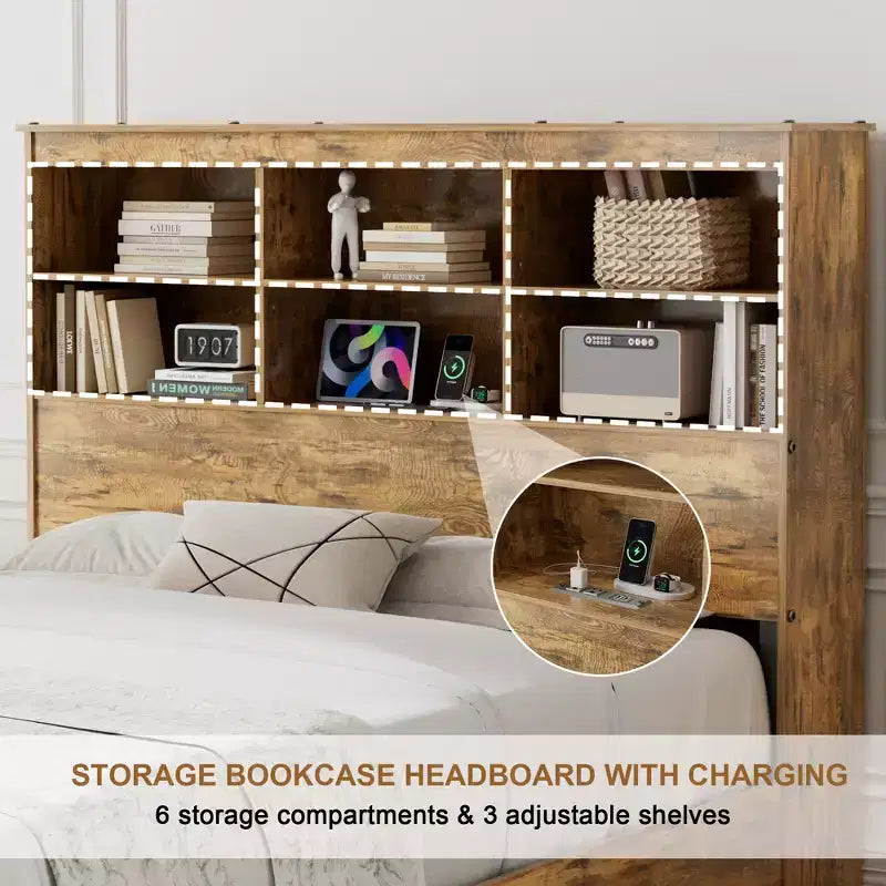 Struttura letto a piattaforma marrone rustico con testiera a libreria, 4 cassetti e ricarica USB, matrimoniale/queen/king