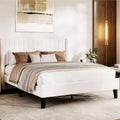Bed Frame with Vertical Channel Tufted Wingback Headboard, Upholstered Platform Bed Frame with Strong Wooden Slats Support