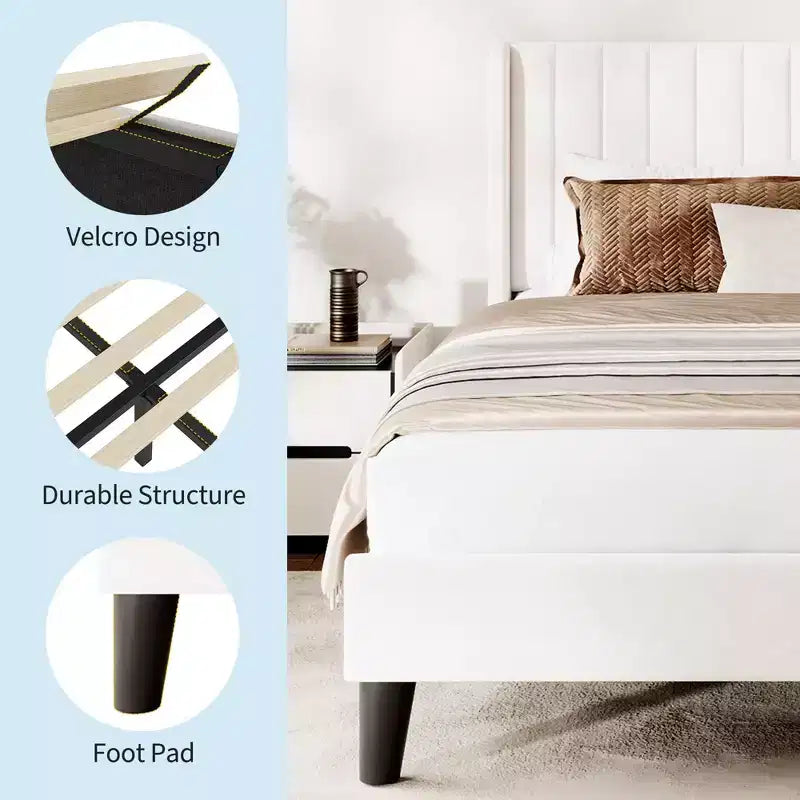 Struttura Letto Imbottita Wingback, con Trapuntatura Verticale, Matrimoniale/Queen, 1-2 Posti