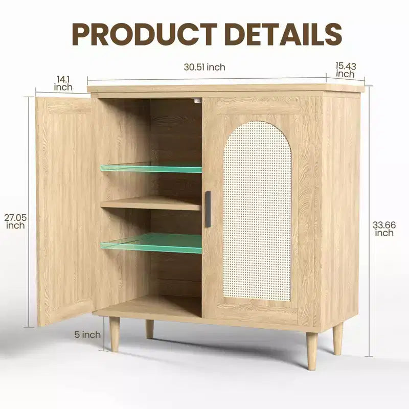 Credenza/Madia Nera con Ante in Rattan e Piedini in Legno Massello a 2 Ante