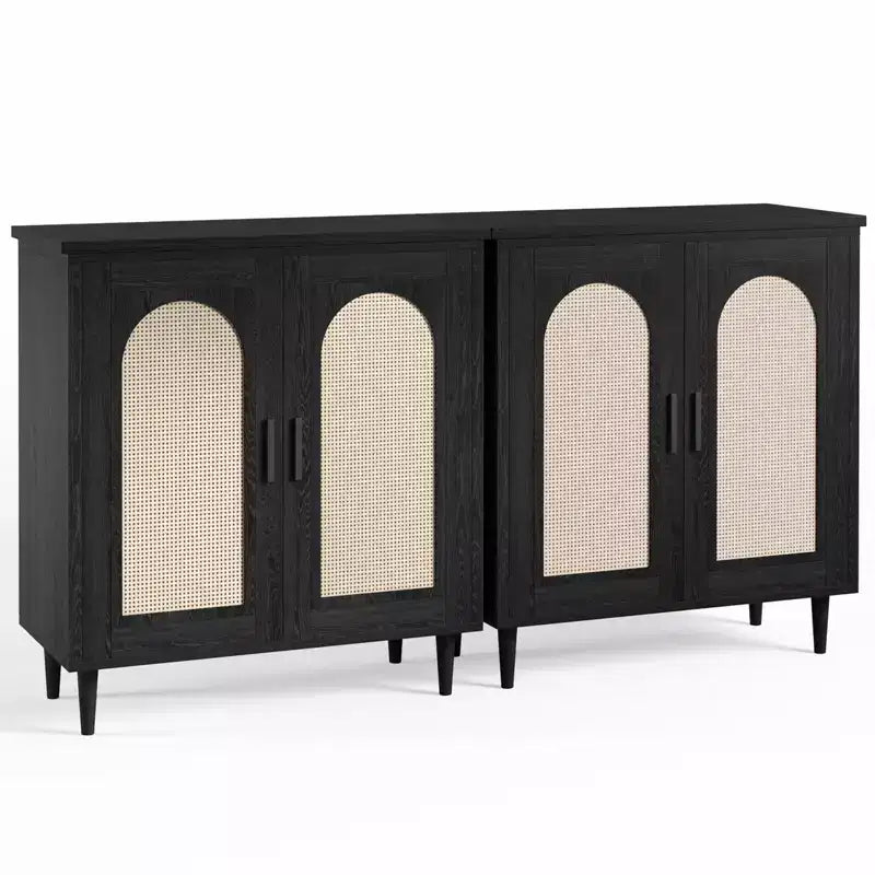 Credenza/Madia Nera con Ante in Rattan e Piedini in Legno Massello a 2 Ante