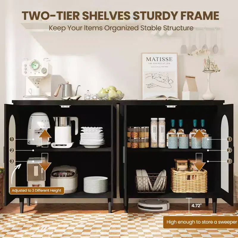 Credenza/Madia Nera con Ante in Rattan e Piedini in Legno Massello a 2 Ante