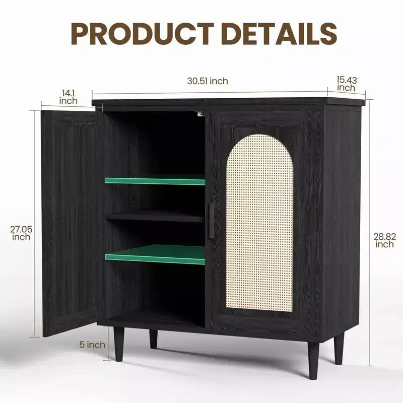Credenza/Madia Nera con Ante in Rattan e Piedini in Legno Massello a 2 Ante