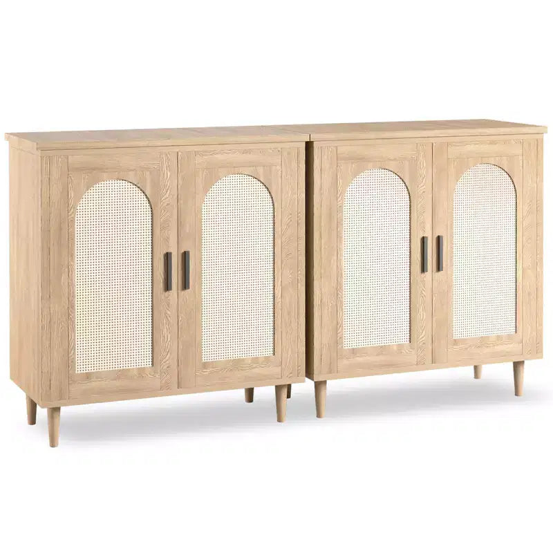Credenza/Madia Nera con Ante in Rattan e Piedini in Legno Massello a 2 Ante