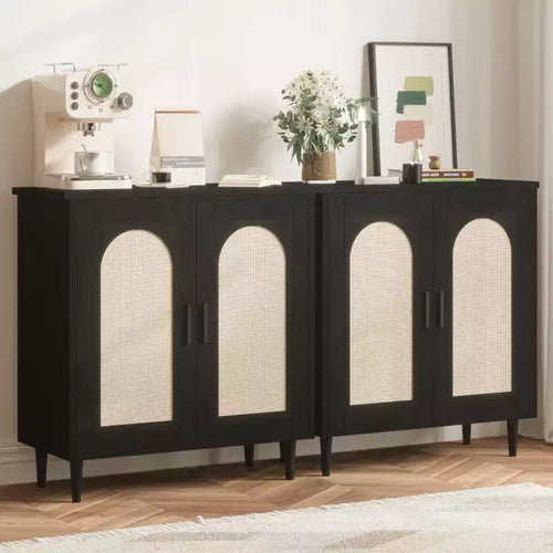 COZONY Sideboard Buffet Storage Cabinet with Rattan Doors, Solid Wood Feet, Ample Storage for Living Room, Kitchen, Entryway, Hallway