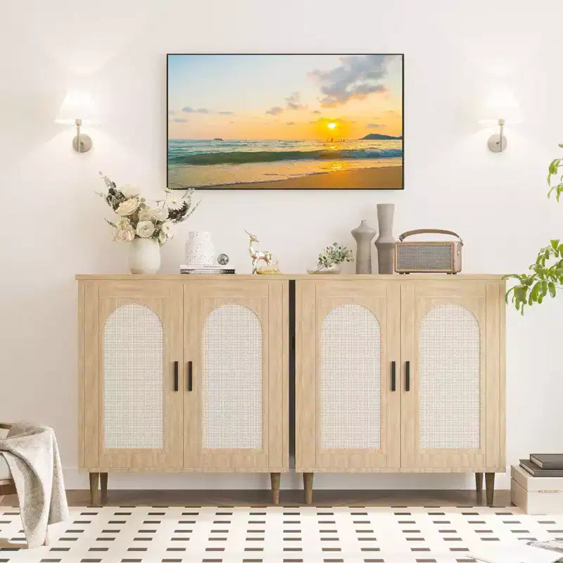 Credenza/Madia Nera con Ante in Rattan e Piedini in Legno Massello a 2 Ante